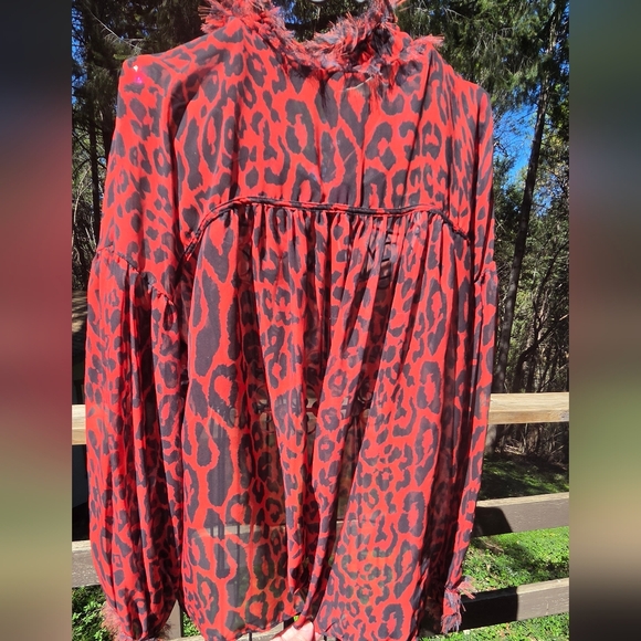 Zara 1975 Jeans Collection Red&Black Leopard Print Sheer Long Sleeve Blouse SzM - Picture 2 of 10